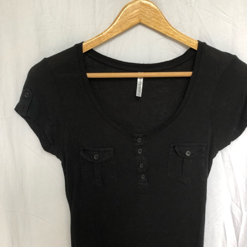 Black Scoop Neck Button Front Top